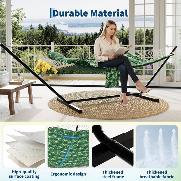 Hamac Double avec Support - 450 lbs, Toile Coton & Coussin Amovible - Pour Jardin, Intérieur/Extérieur, Vert