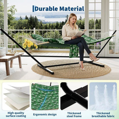 Hamac Double 12FT avec Support en Acier - Toile Matelassée 450LB - Barre en Bois Dur - Sac de Transport Inclus - Beige
