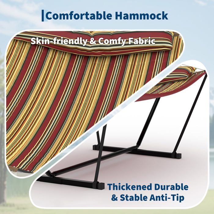 Hamac Double 12FT avec Support en Acier - Toile Matelassée 450LB - Barre en Bois Dur - Sac de Transport Inclus - Beige