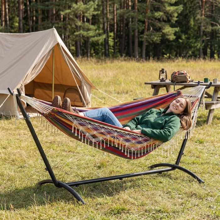 Mondeer Hamac Bohème Double Extérieur sur Pied avec Support | Charge Max 200kg | Cadre Fer Réglable + Sac de Transport | Rouge