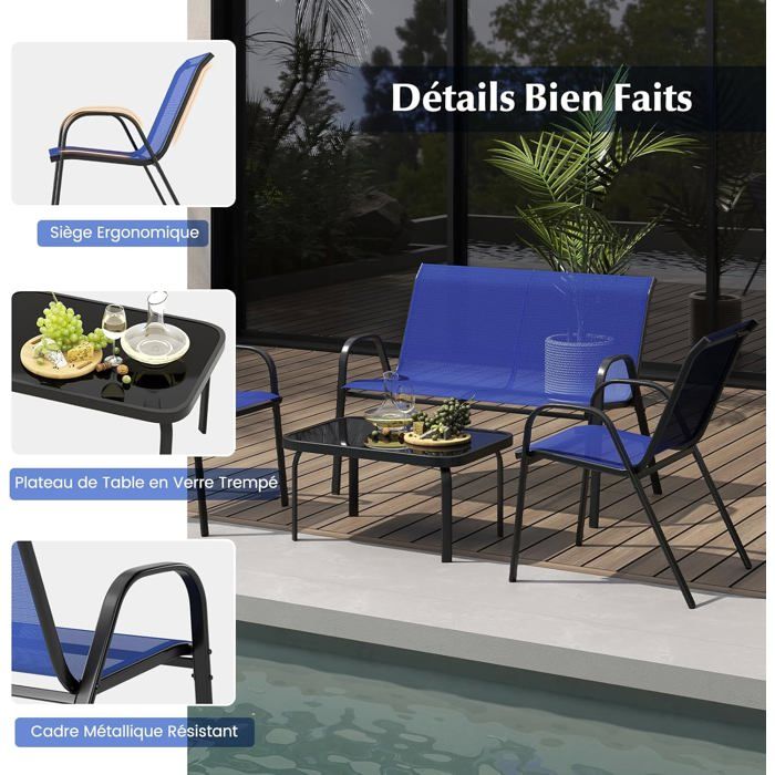 COSTWAY 4 PCS Ensemble Table et Chaises de Jardin Extérieur, Chaises et Causeuse avec Siège en Tissu, Plateau en Verre Trempé, Bleu