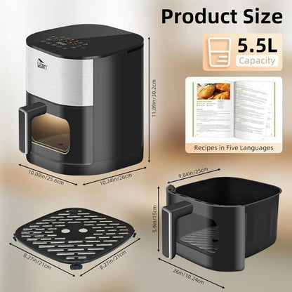 UTEN Air Fryer Sans Huile 5.5L 2000W,Friteuse à Air avec Écran Tactile LED,14 Programmes et Fenêtre Visible,Cuisson Rapide et Saine