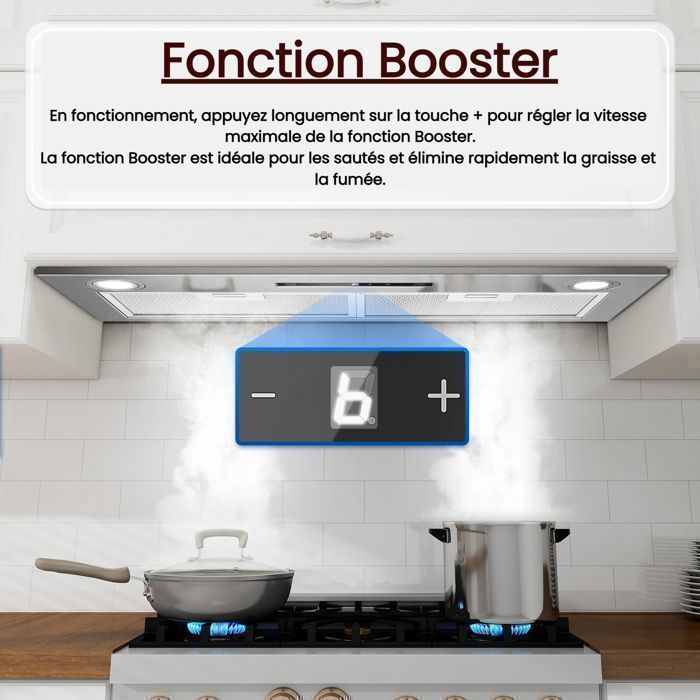 Hotte Aspirante-hotte encastrable-750 m³/h-L 52cm Kichpower -Gestuelle - Tactile - Booster - Recyclage avec Filtre à Charbon - A+++
