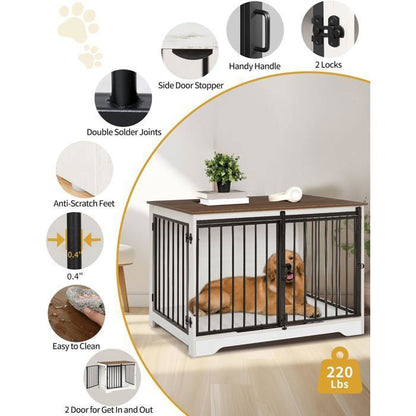 Cage pour Chien, 100 cm Meuble Cage Chien,avec Porte coulissante, 2 Portes, Niche Moderne pour Chiens, 100 x 60 x 68 cm, Noir