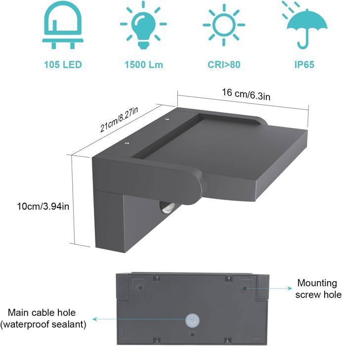 Appliques murales d’extérieur - Klighten - Avec capteur de mouvement - 6000K Lumière blanche froide - 24W - Aanthracite