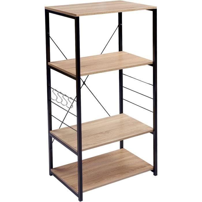 WOLTU Etagère four à Micro-ondes, Etagère de cuisine en bois et acier, 4 Niveaux, 60x40x123.5 cm, Noir+chêne clair