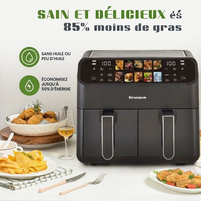 Friteuse XXL 8,5L Air Fryer avec Fenêtre de Visualisation & Écran Couleur, 12 Programmes, 1800W, Nettoie Facilement, Noir
