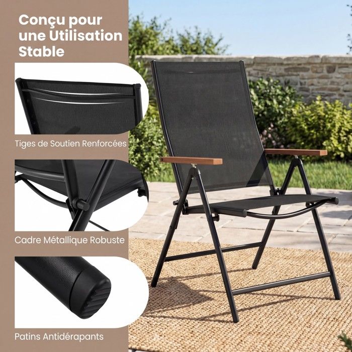 Lot de 4 Chaises Pliantes de Jardin COSTWAY, Dossier Ajustable à 5 Positions, Accoudoirs, Cadre en Métal, Extérieur Intérieur, Noir