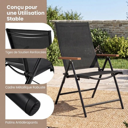 Lot de 4 Chaises Pliantes de Jardin COSTWAY, Dossier Ajustable à 5 Positions, Accoudoirs, Cadre en Métal, Extérieur Intérieur, Noir