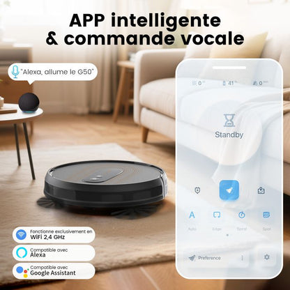AIRROBO G50 Aspirateur Robot sans Fil 4 000 Pa, Auto-rechargeables, Idéal pour Poils d'Animaux, Sols Durs, Tapis  Poils Ras