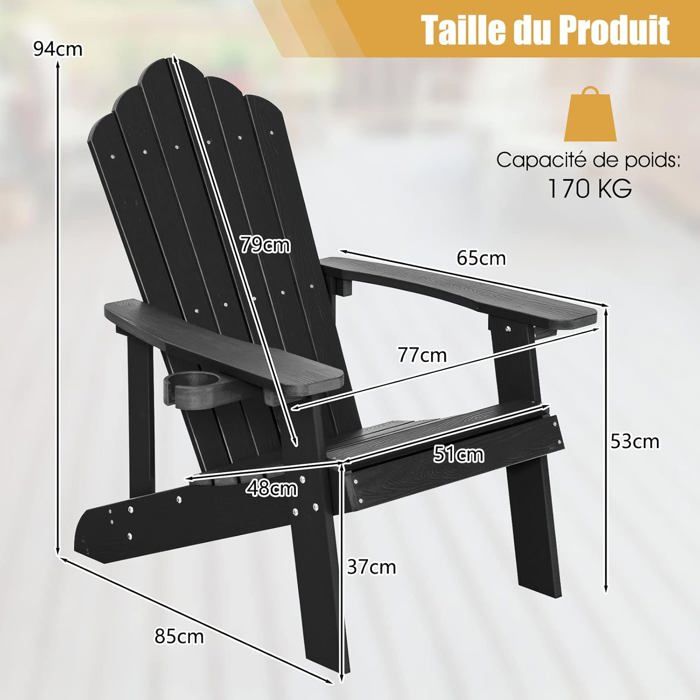 COSTWAY Fauteuil de Jardin Adirondack en HIPS Bois Massif Imperméable avec Porte-Gobelet Charge 170KG pour Piscine Terrasse, Noir