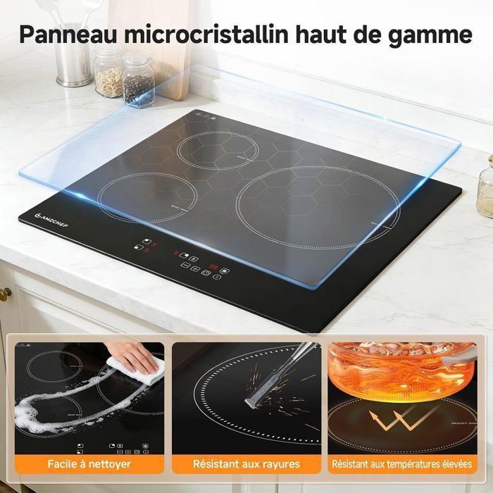 Table de cuisson 3 foyers AMZCHEF 9 niveaux de puissance 7400W avec 3 boosters Encastrable
