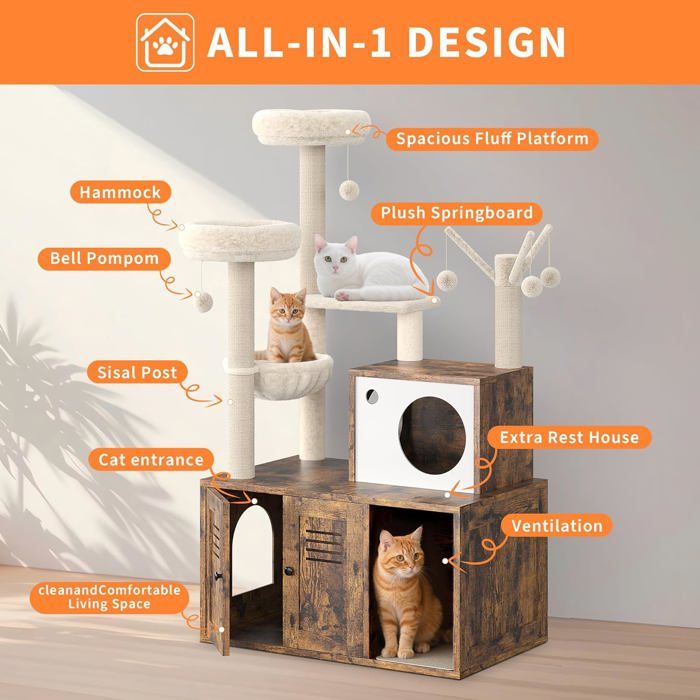 Arbre à Chat 2 en 1+ Enceinte de Litière Cachée - Meuble Chat Multiniveaux, Poteaux à Gratter, Boules Suspendues, Armoire - Marron