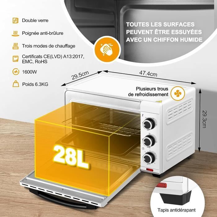 Four à Pizza WOLTU - 28L - 1600W - 100-230°C - Minuterie 0-60 min - Noir
