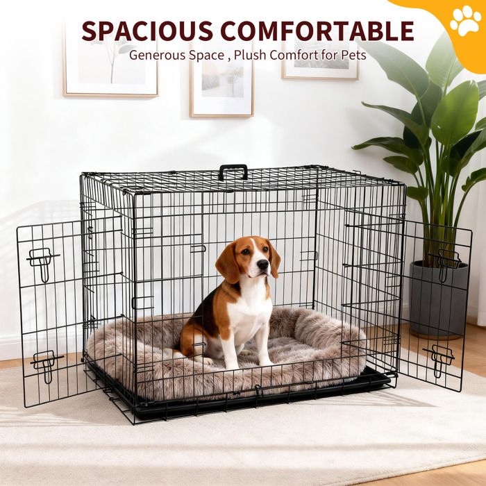 Cage pour Chien 42 “, Double Porte de Sécurité, Séparateur Amovible, Plateau Inclus, Cage Pliable, Voyage avec Chien, Noir