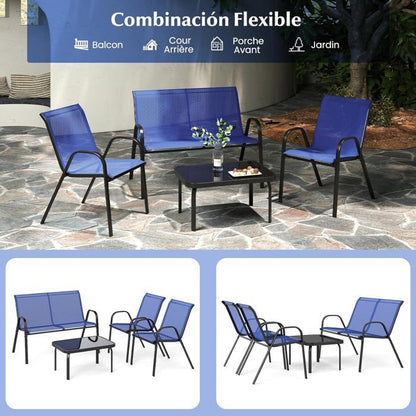 COSTWAY 4 PCS Ensemble Table et Chaises de Jardin Extérieur, Chaises et Causeuse avec Siège en Tissu, Plateau en Verre Trempé, Bleu