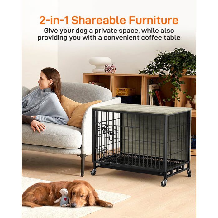 Cage pour Chien 42 “, Double Porte de Sécurité, Séparateur Amovible, Plateau Inclus, Cage Pliable, Voyage avec Chien, Noir