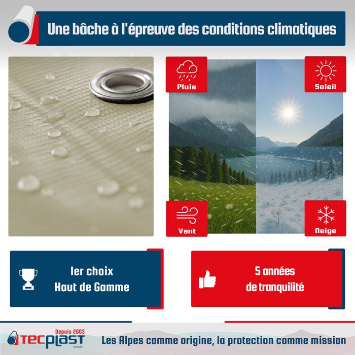 TECPLAST Bâche Jardin 3x5 m LP506JD Blanc Crème - Garantie 5 ans - Bâche PVC étanche - Résistance Anti-UV