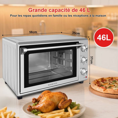 Four de table électrique 46L, avec Tournebroche, Porte double vitrée, 6 modes Multi Fonction, Programmable 230°, Minuterie 60 min