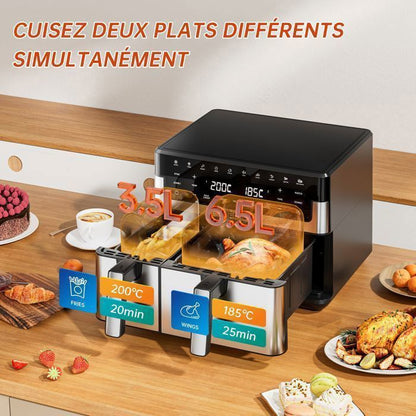 DEIME Air Fryer 6.5L+3.5L - Friteuse sans Huile 10L - Double cuve - 10 Programmes de cuisson - 2800W - Noir