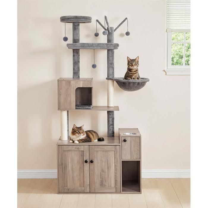 Arbre à Chat avec Maison de Litière pour Chat-HOOBRO-Maison pour Chat en Bois avec Tour à Chat-60 x 45 x 151 cm-Grège