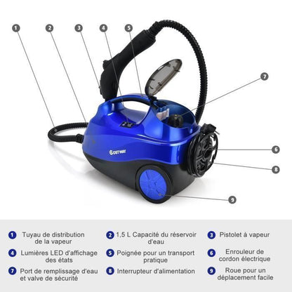 Nettoyeur Vapeur Polyvalent 2000W COSTWAY Punaises de Lit-Réservoir 1,5L,19 Accessoires 4,0 Bar-Voyant LED-108℃-Acariens Bleu