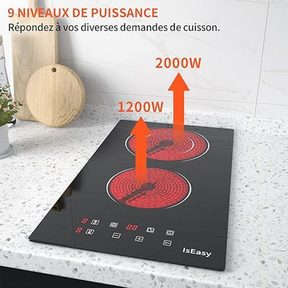 Plaque Vitrocéramique - ISEASY - 2 Feux - 3000W - Sensitives - Verrouillage enfant