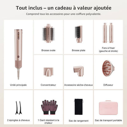 Brosse Soufflante Multifonction à haute vitesse 7 en 1 1400W | Ionique & NTC | Lisseur & Boucleur Auto | 12 Modes | Or Champagne