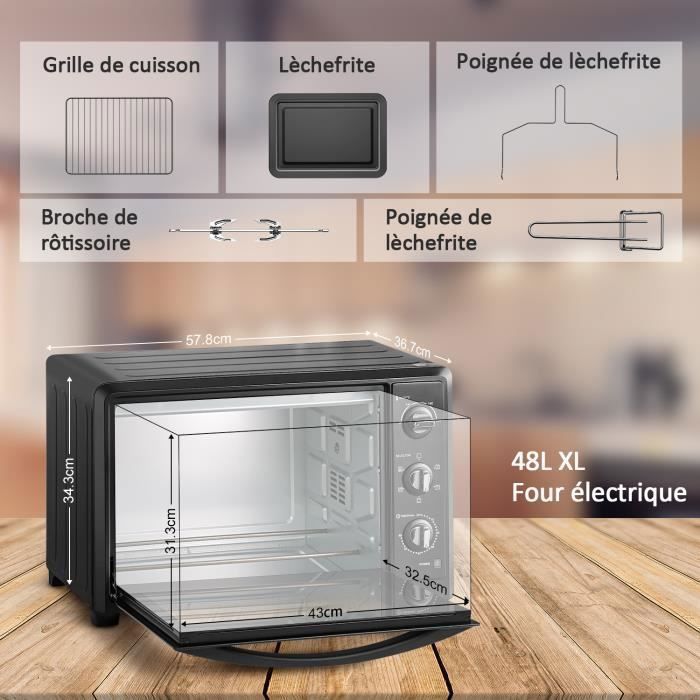 Four électrique à convection, 46L avec Tournebroche, 6 modes de cuisson, Lèchefrite avec pince, Grille de cuisson - Noir/Inox