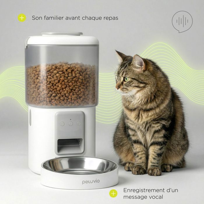 Distributeur de croquettes Automatique Chat PELUVIO Crispy - WiFi - 4,5 L - 4 Repas/jour - Enregistrement Vocal - Noir