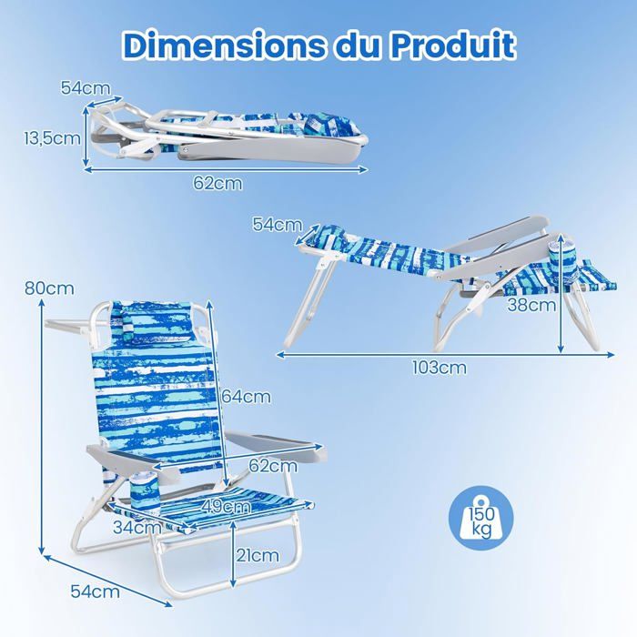 Lot de 2 Chaises de Jardin Extérieur Pliable COSTWAY, Cadre Léger en Aluminium, Dossier Réglable en 4 Positions, Sac Isotherme