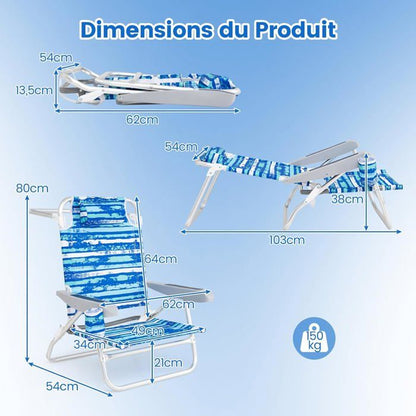 Lot de 2 Chaises de Jardin Extérieur Pliable COSTWAY, Cadre Léger en Aluminium, Dossier Réglable en 4 Positions, Sac Isotherme