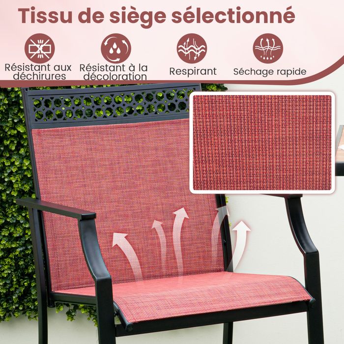 COSTWAY Lot de 2 Chaises de Jardin, Tissu Respirant, Chaises à Manger Empilables avec Accoudoirs, pour Patio Terrasse Porche, Bleu