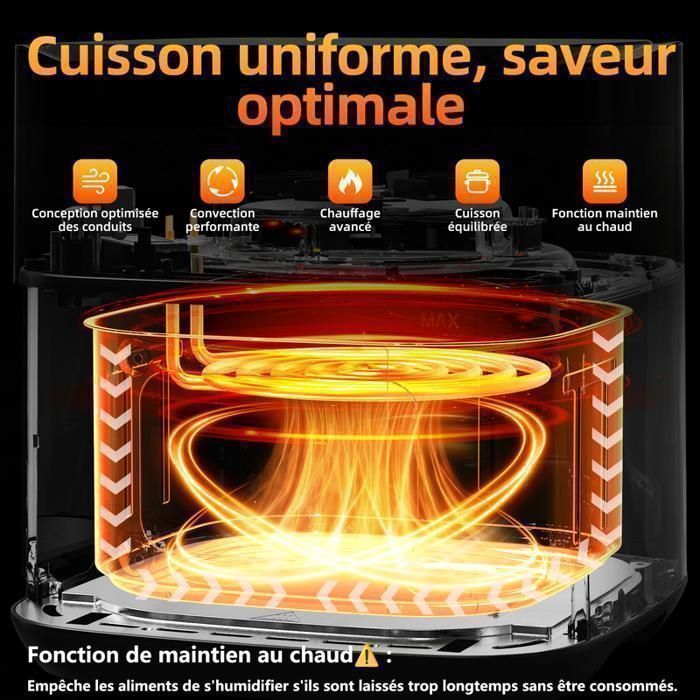Friteuse sans Huile 12L - Panier Flexible - Écran LED - Cuisson 360° Sans Huile - 10 Programmes - Fenêtre transparente - Air fryer