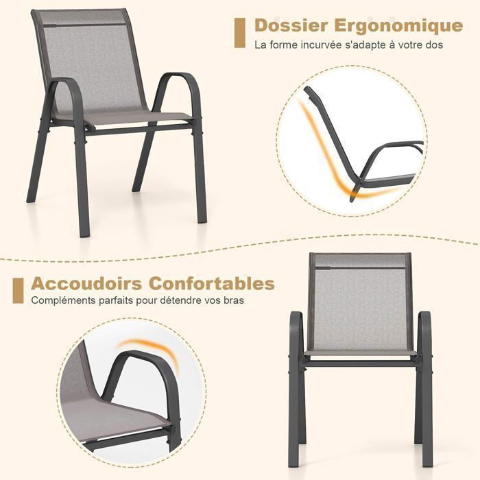 COSTWAY Lot de 2 Chaises de Jardin, Tissu Respirant, Chaises à Manger Empilables avec Accoudoirs, pour Patio Terrasse Porche, Noir