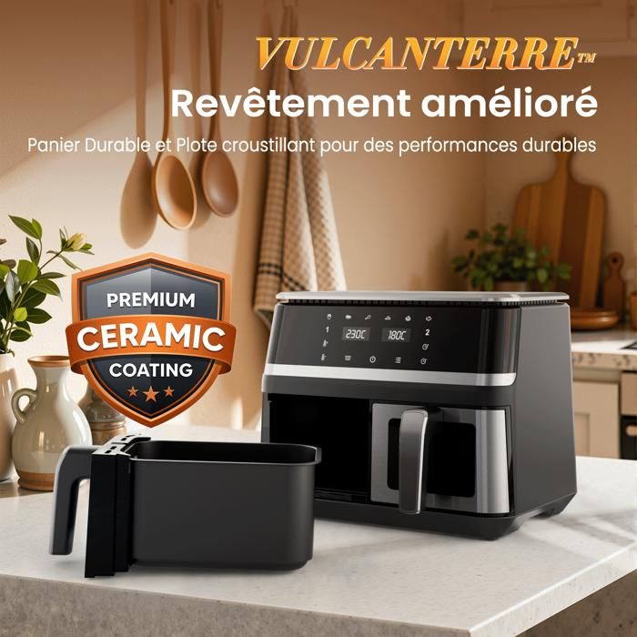 Friteuse Sans Huile Vulcanterre Airfryer 8019D 10L (2x4,5L Double Cuves Amovibles) 2000W Cuisson Saine Multifonction
