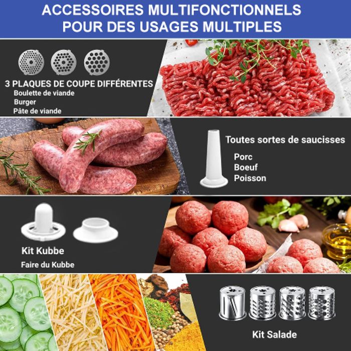 Hachoir à Viande Électrique 2800W - Écran Tactile - 11PCS avec 2 Lames 4 Inox Disques 3 Kit de Saucisse 1 Kubbe 1 Brosse - Argent