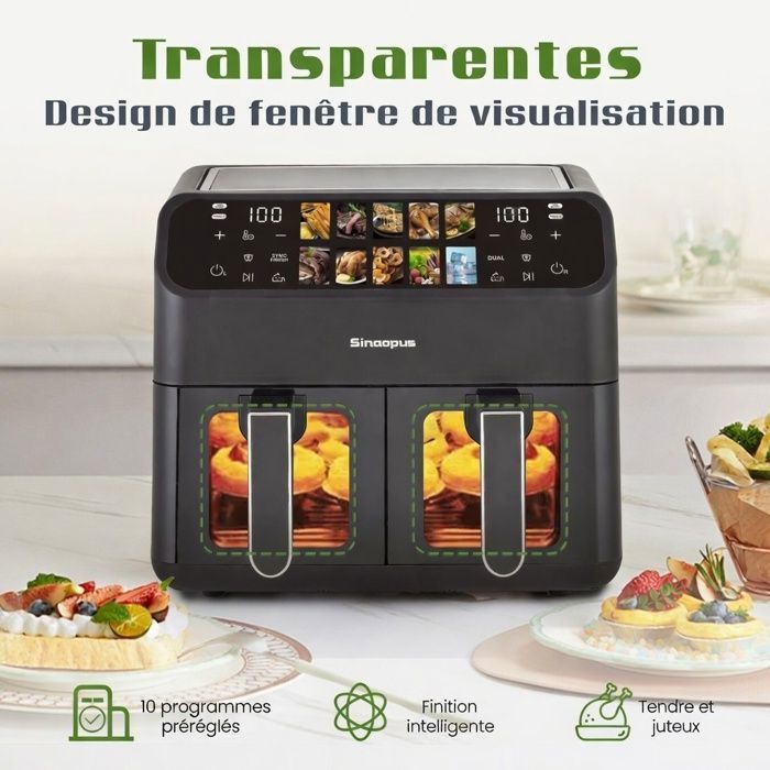 Friteuse XXL 8,5L Air Fryer avec Fenêtre de Visualisation & Écran Couleur, 12 Programmes, 1800W, Nettoie Facilement, Noir