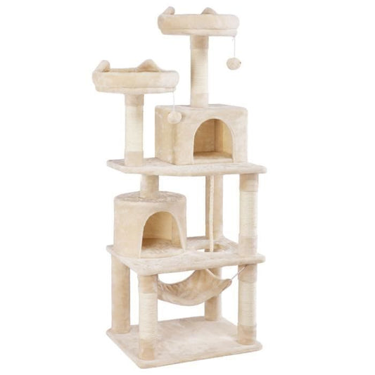 Arbre à Chat YAHEETECH - Tour à Griffer avec 2 Niches-Hamac Colonne en Sisal - Hauteur 158 cm Beige