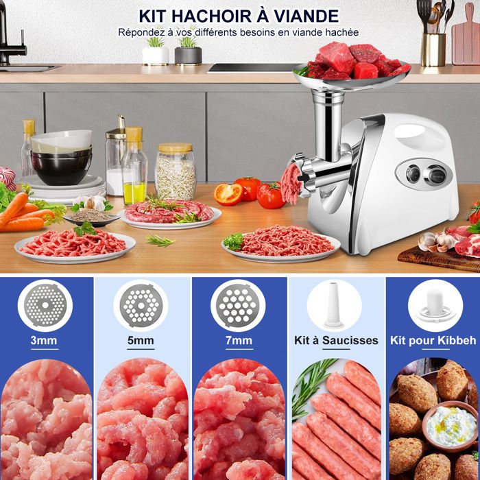 Hachoir à Viande Électrique 2800W - Écran Tactile - 11PCS avec 2 Lames 4 Inox Disques 3 Kit de Saucisse 1 Kubbe 1 Brosse - Argent