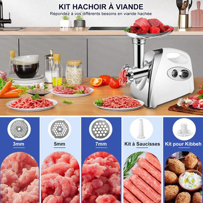Hachoir à Viande Électrique 2800W - Écran Tactile - 11PCS avec 2 Lames 4 Inox Disques 3 Kit de Saucisse 1 Kubbe 1 Brosse - Argent