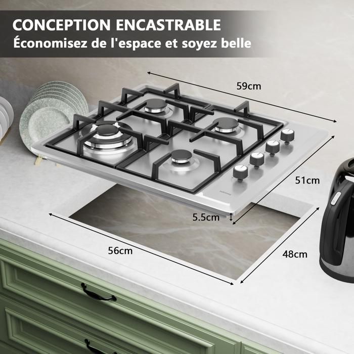 Plaque de Cuisson Gaz - ISEASY - 2 Feux - Inox - Encastrable - Allumage par Impulsion