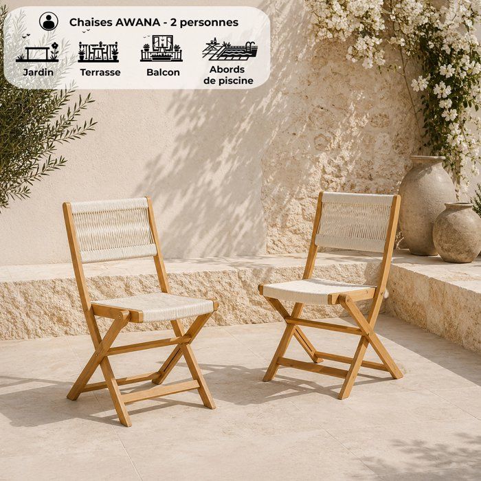 Lot de 2 chaises de jardin pliantes en bois d'acacia FSC - EDEN - Assise textilène - Gris - 58 x 58 x H90 cm