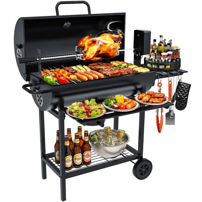Barbecue Charbon de Bois avec Grille de Cuisson et Réchauffage - Barbecue avec Thermomètre, Broche électrique, 2 Tablettes Pliable