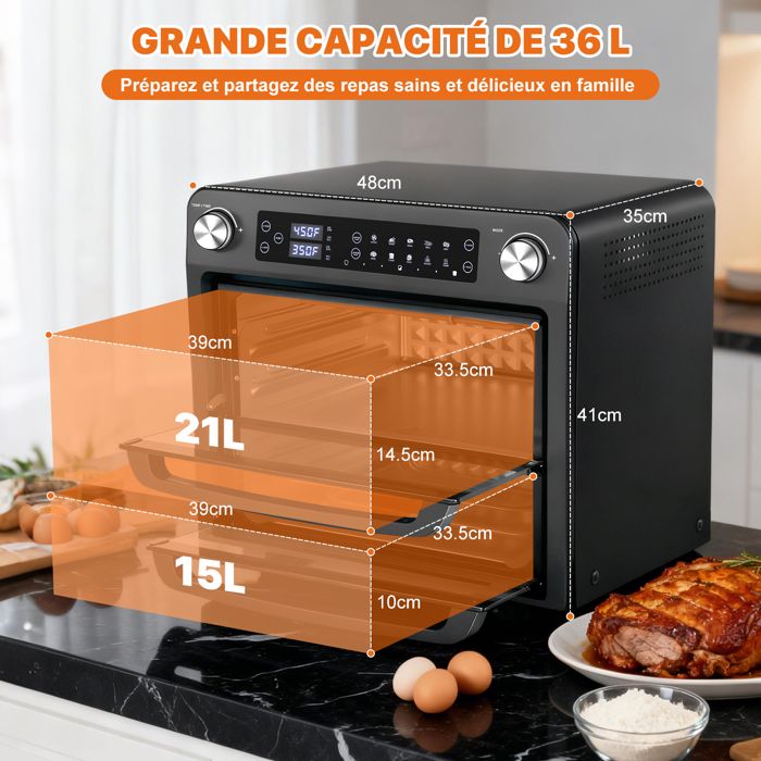 Four de table électrique 46L, avec Tournebroche, Porte double vitrée, 6 modes Multi Fonction, Programmable 230°, Minuterie 60 min