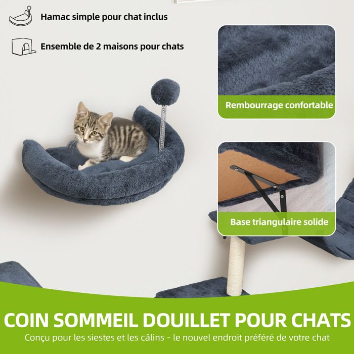Balconera Lot 8 Murs escalade Chat - Peluche Stable, Arbre Mural Griffoirs, Pont, Escaliers & Boule, Gris Clair