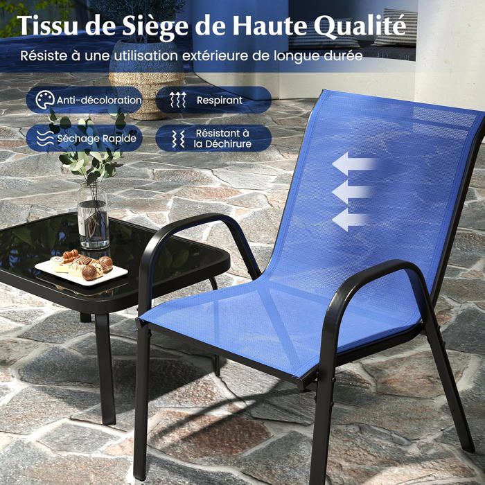 COSTWAY 4 PCS Ensemble Table et Chaises de Jardin Extérieur, Chaises et Causeuse avec Siège en Tissu, Plateau en Verre Trempé, Bleu
