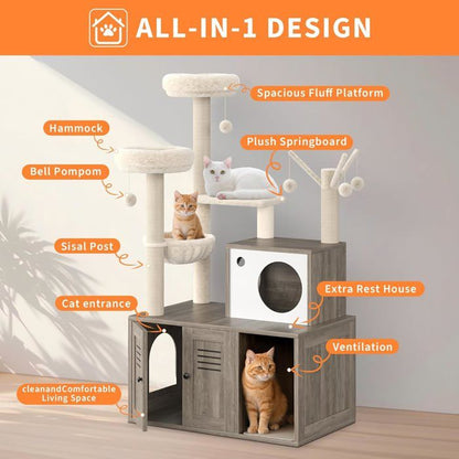 Arbre à Chat 2 en 1+ Enceinte de Litière Cachée - Meuble Chat Multiniveaux, Poteaux à Gratter, Boules Suspendues, Armoire - Marron