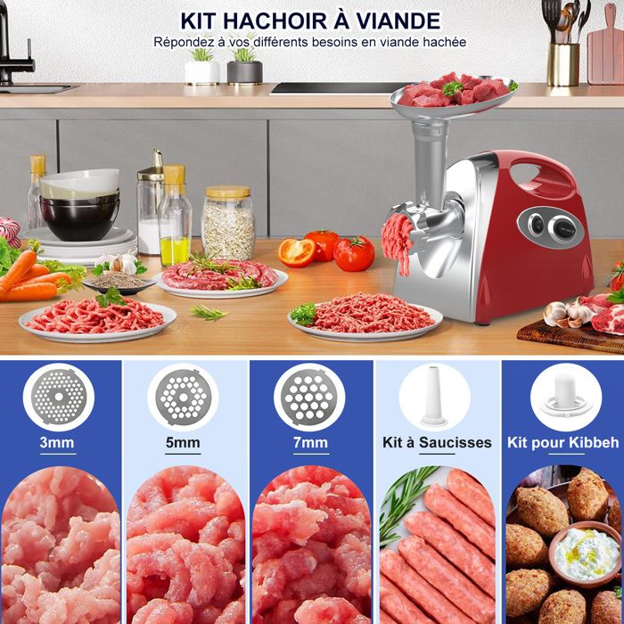 Hachoir à Viande Électrique 2800W - Écran Tactile - 11PCS avec 2 Lames 4 Inox Disques 3 Kit de Saucisse 1 Kubbe 1 Brosse - Argent