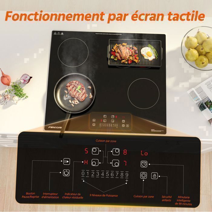 Plaque de Cuisson Vitrocéramique FIREGAS - 4 zones 7200W - L59 x P52 cm - Noir